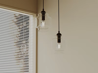 Minimalist Black Base Transparent Glass Pendant Lights Hanging in Room with White Blinds 3d model
