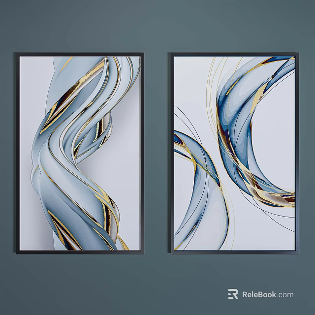 Abstract Wall Art With Flowing Blue Gold Lines On White Background Black Framed Decor 3d model 