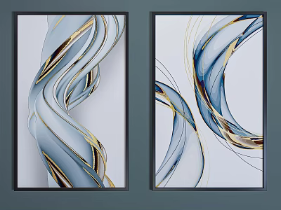 Abstract Wall Art With Flowing Blue Gold Lines On White Background Black Framed Decor 3d model