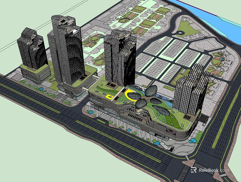 Modern Commercial Complex With Tall Buildings Green Spaces And Open Areas 3d model 