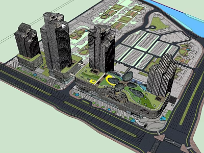 Modern Commercial Complex With Tall Buildings Green Spaces And Open Areas 3d model