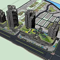 Modern Commercial Complex With Tall Buildings Green Spaces And Open Areas