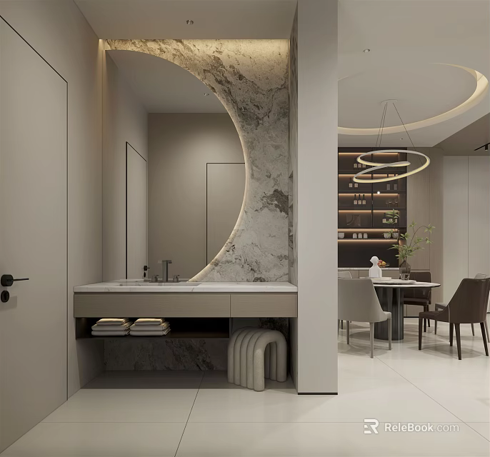 Elegant Modern Bathroom Interior With Round Marble Mirror Vanity And Towels 3d model 