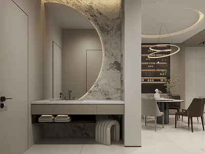 Elegant Modern Bathroom Interior With Round Marble Mirror Vanity And Towels 3d model