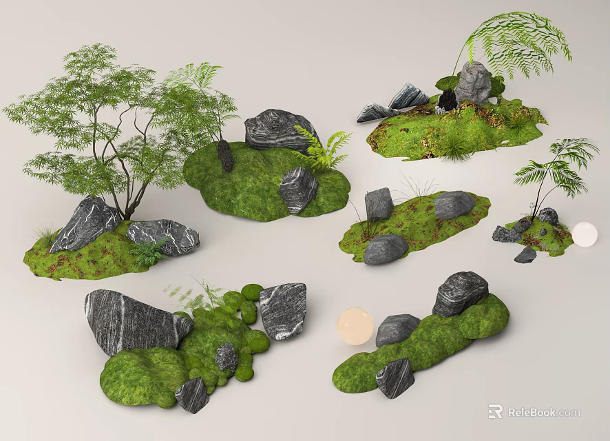 Courtyard Garden Landscaping With Lush Green Grass Decorative Rocks Small Trees And Ferns 3d model 