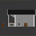 Small Cozy Cabin With Black Roof Blue Windows Porch And Wooden Table Chairs