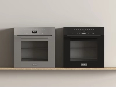 Two Modern Kitchen Ovens Silver Stainless Steel And Black On Wooden Shelf 3d model