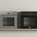 Two Modern Kitchen Ovens Silver Stainless Steel And Black On Wooden Shelf