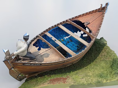 Vintage Wooden Boat with Blue Interior and Statue Figure on Grass Base 3d model
