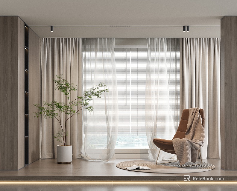 Modern Interior With Light Curtains And Blinds Near Cozy Chair And Plant 3d model 
