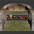 Cartoon Scene Of Train On Track With Cave Umbrella Figures Red Flowers And Green Grass