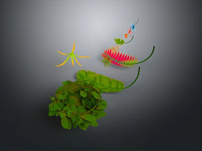 Colorful Plant Composition With Green Leaves Red Green Foliage Yellow Star Shaped Flower And Stems 3d model