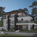 Modern Detached Villa Exterior Design With Balcony Large Windows Lawn And Trees