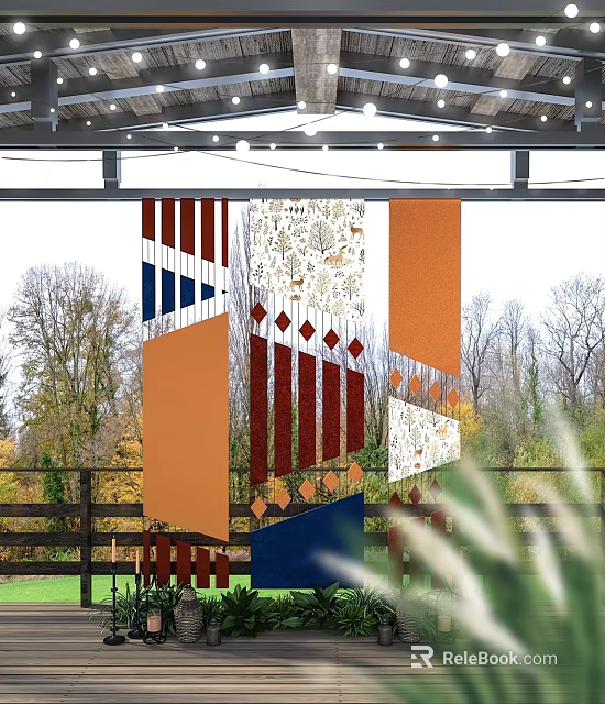 Creative Floral Display Installation With Geometric Patterns Colorful Stripes And Diamond Accents In Outdoor Garden 3d model 