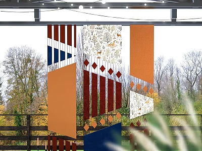 Creative Floral Display Installation With Geometric Patterns Colorful Stripes And Diamond Accents In Outdoor Garden 3d model