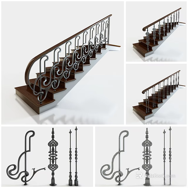 Wooden Staircase With Ornate Iron Railings And Decorative Balusters Design 3d model 