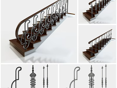 Wooden Staircase With Ornate Iron Railings And Decorative Balusters Design 3d model