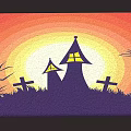 Square Rug With Haunted Houses Yellow Windows Crosses Bare Branches And Sunset Background