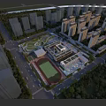 Aerial Planning of Urban School Area With Green Playground High Rise Buildings and Trees