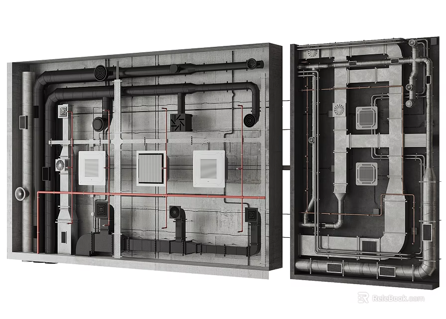 Detailed Complex Industrial Pipe Network Layout On Concrete Wall Structure 3d model 