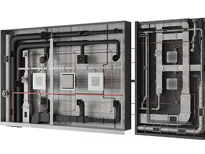 Detailed Complex Industrial Pipe Network Layout On Concrete Wall Structure 3d model
