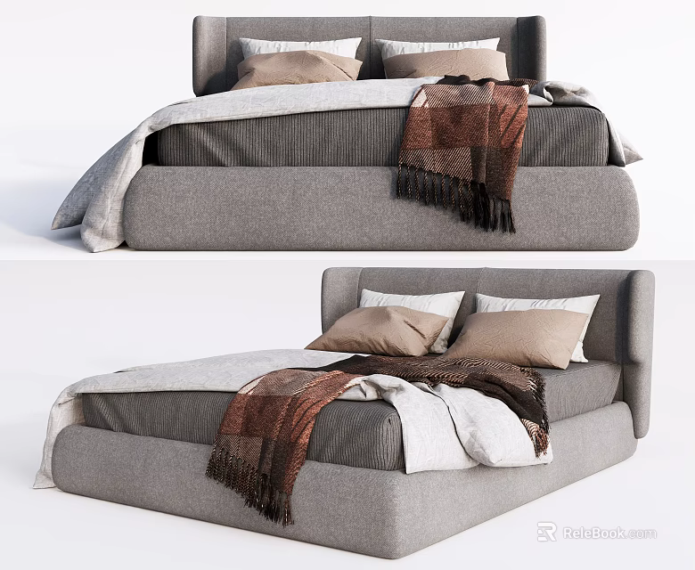 Modern Upholstered Double Bed with Plush Pillows and Cozy Knitted Blanket 3d model 