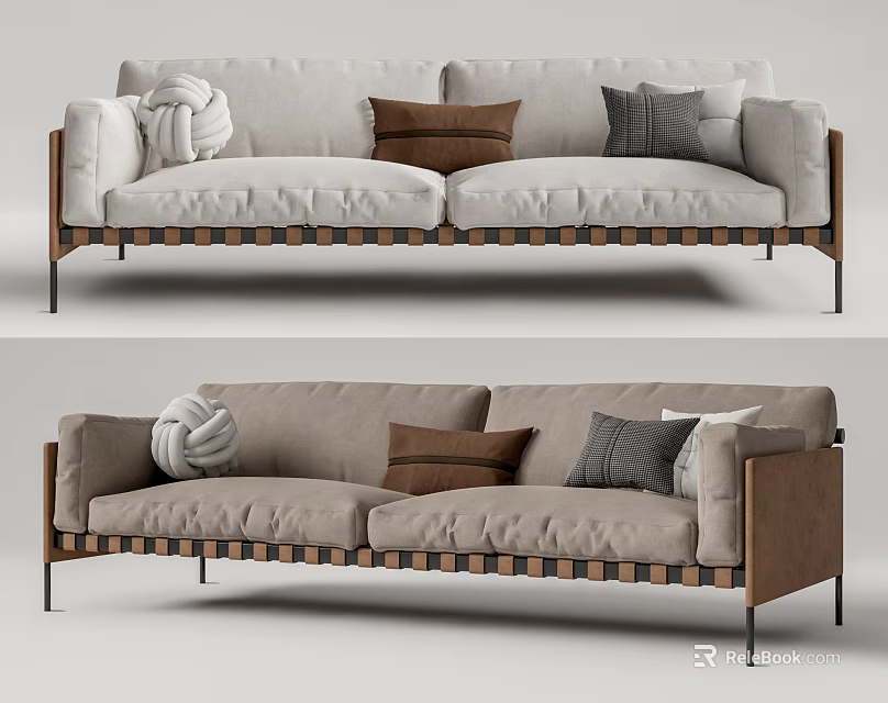 Modern Light Beige Two Seater Sofa With Brown And Gray Cushions And Wooden Frame 3d model 