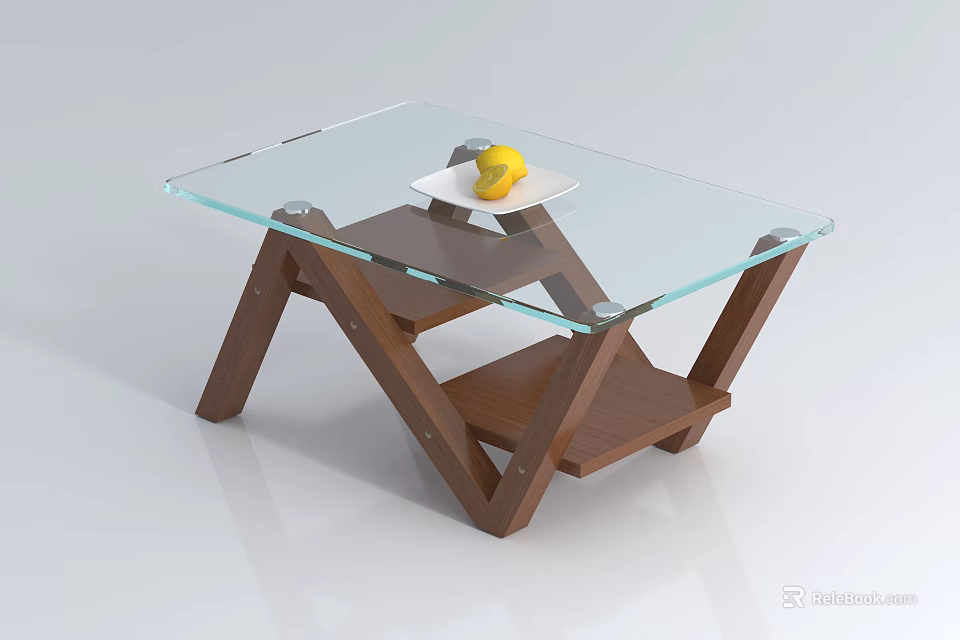 Modern Coffee Table With Glass Top And Wooden Geometric Base Featuring Lemon On Tiered Shelf 3d model 