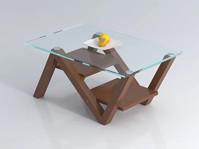 Modern Coffee Table With Glass Top And Wooden Geometric Base Featuring Lemon On Tiered Shelf 3d model