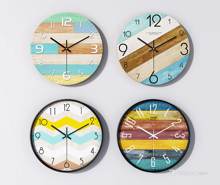 Decorative Wall Clocks With Colorful Patterns Wooden Texture And Chevron Design For Home 3d model 