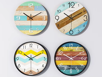 Decorative Wall Clocks With Colorful Patterns Wooden Texture And Chevron Design For Home 3d model