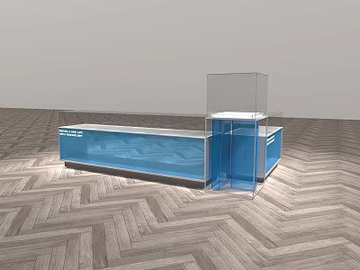 Blue Glass Display Showcase With Transparent Top And Wooden Floor Setting 3d model