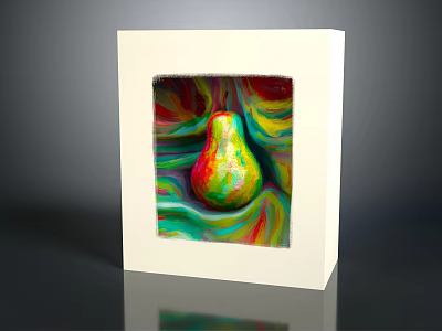 White Square Picture Frame Furniture Displaying Colorful Pear Artwork With Swirl Background 3d model