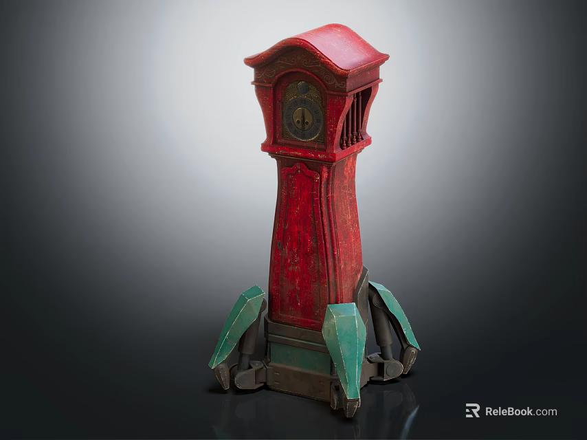 Vintage Red Grandfather Clock With Green Base And Classic Design Elements 3d model 