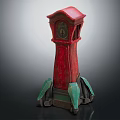 Vintage Red Grandfather Clock With Green Base And Classic Design Elements