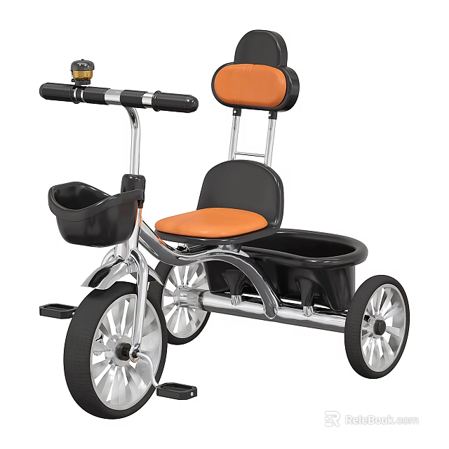 Kids Tricycle With Orange Seat Black Backrest Front Basket And Metal Frame 3d model 