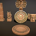 Wooden Stone Carved Sculptures Mayan Inspired Tower Columns Discs With Intricate Patterns