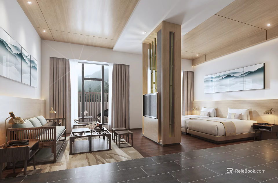 Modern Chinese Style Hotel Guest Room With Wooden Ceiling Sofa And Landscape Paintings 3d model 