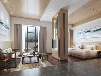 Modern Chinese Style Hotel Guest Room With Wooden Ceiling Sofa And Landscape Paintings 3d model