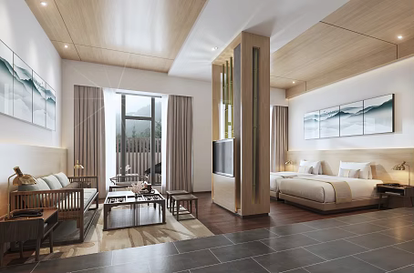 New Chinese Suite Hotel Room Double Room Double Sofa Coffee Table 3d model