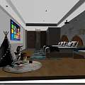 Family Friendly Hotel Guest Room With Teepee Toy Horse Colorful Rug And Airplane Decor