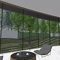 Modern Architectural Building With Curved Roof Pool Walkway And Green Trees