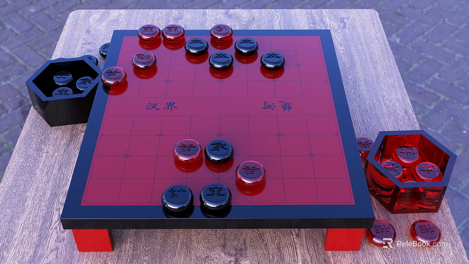 Chinese Chess Entertainment with Red Black Pieces on Red Chessboard and Chu River Han Border 3d model 
