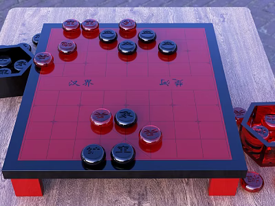 Chinese Chess Entertainment with Red Black Pieces on Red Chessboard and Chu River Han Border 3d model