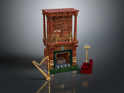Red Carved Fireplace Interior With Harp Red Chair And Candelabra 3d model
