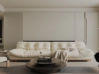 Modern Minimalist Living Room Interior With White Sofa Black Round Coffee Table And Striped Wall 3d model