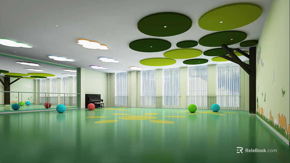 Indoor Fitness Area With Green Floor Colorful Exercise Balls And Large Windows 3d model 