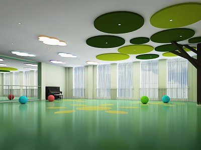 Indoor Fitness Area With Green Floor Colorful Exercise Balls And Large Windows 3d model