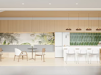 Pantry Interior Design With Wooden Cabinets Tropical Mural White Fridge Pendant Lights And Glass Wall 3d model