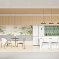 Pantry Interior Design With Wooden Cabinets Tropical Mural White Fridge Pendant Lights And Glass Wall